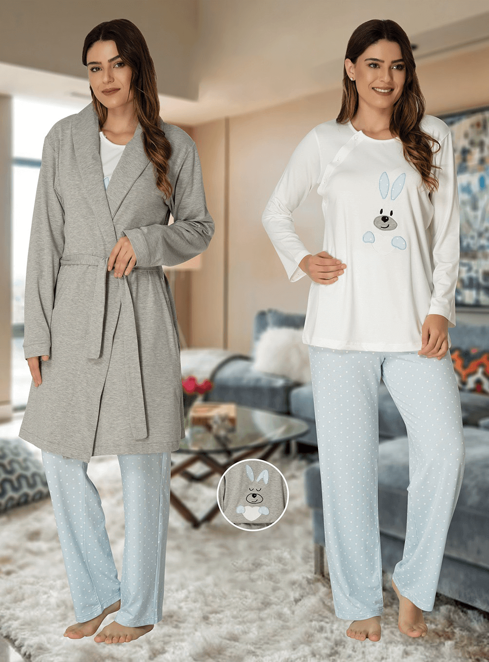 Lohusa Çarşısı 3090 Tavşan Desenli Sabahlıklı Lohusa Pijama Takımı