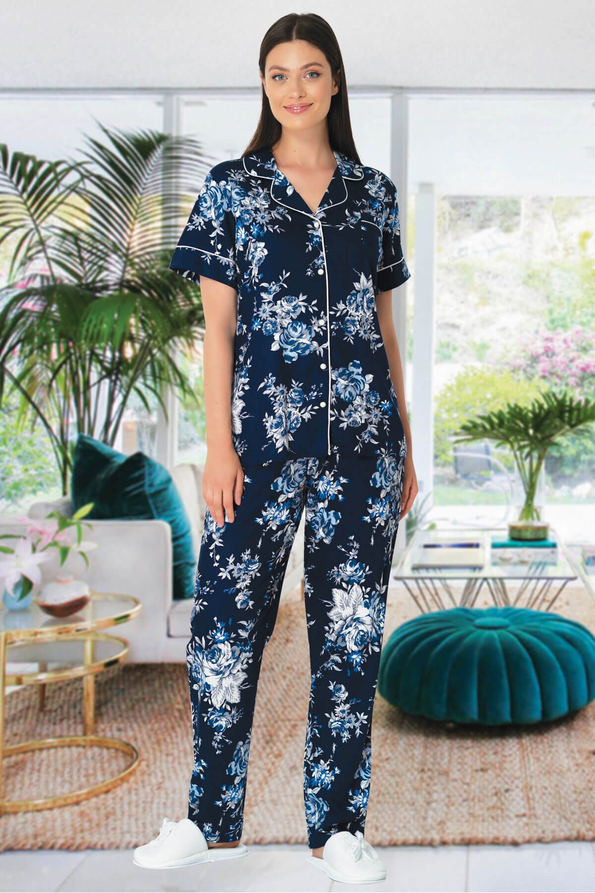 Lacivert Çiçek Desenli Kadın Pijama Takımı 5335