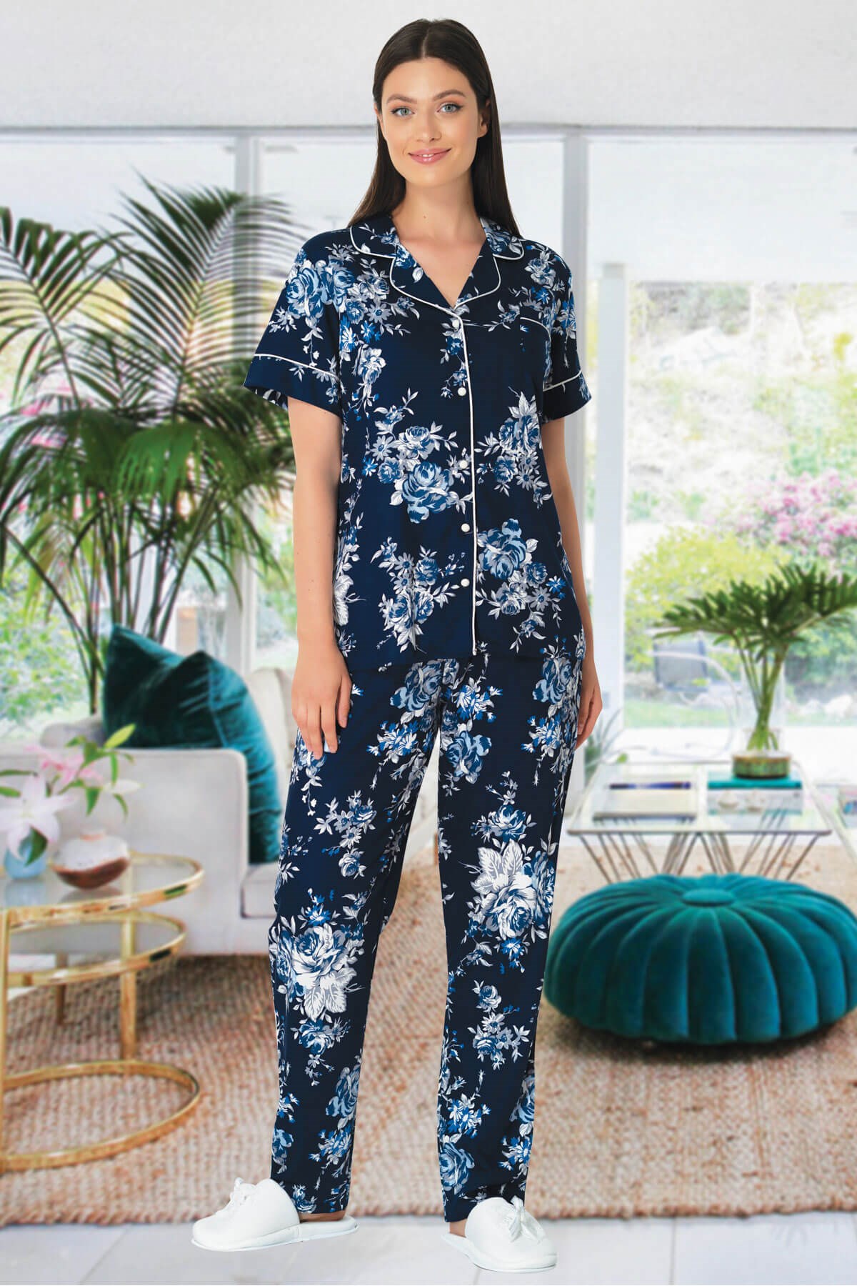 Lacivert Çiçek Desenli Kadın Pijama Takımı 5335
