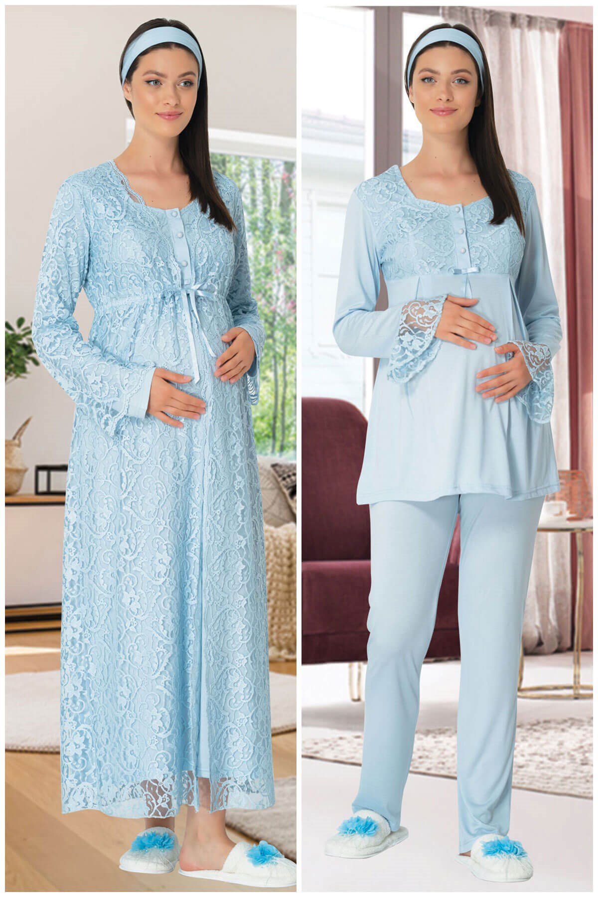 Lohusa Çarşısı 5339 Mavi Lohusa Pijama Gecelik Set